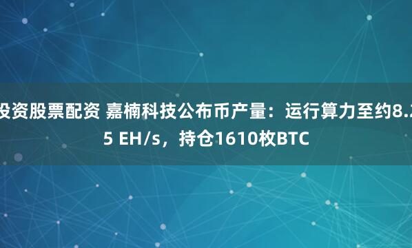 投资股票配资 嘉楠科技公布币产量：运行算力至约8.25 EH/s，持仓1610枚BTC